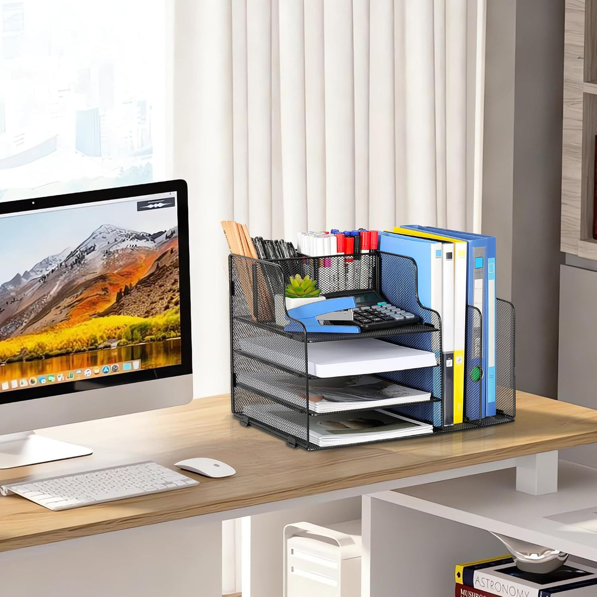 4-Tier Desk Organizer and Accessories with 2 File Holder Storage, Metal File Organizer for Desk with 2 Pen Holder, Office Organization for Paper, Document, Stationery Storage, Black