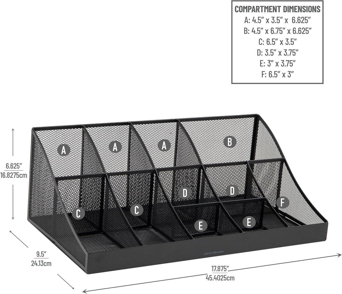 Mind Reader Countertop Organizer, 2 Tier Mesh Storage Caddy with 11 Compartments for Office Supplies, Breakroom Essentials, and Snacks