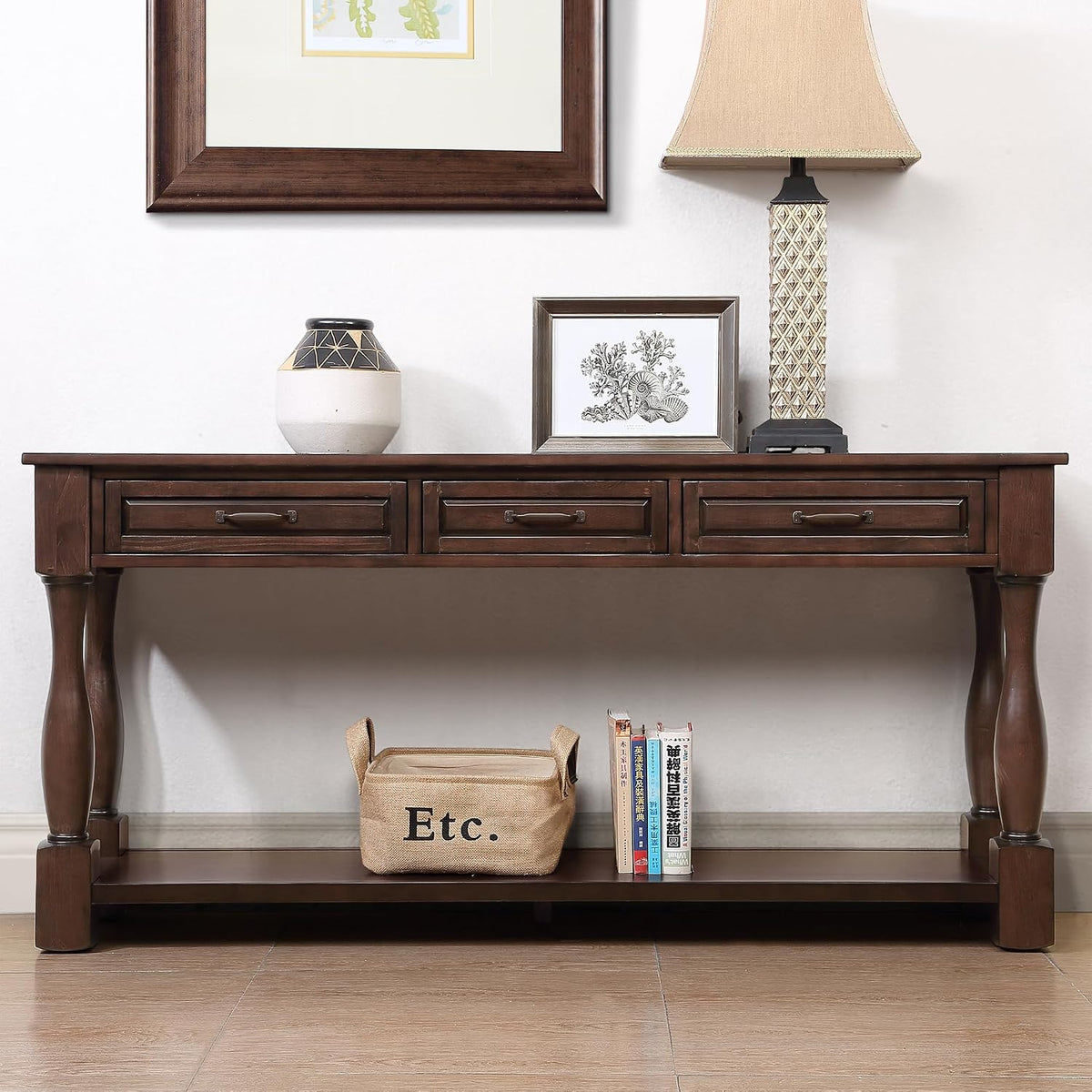 60inch Solid Wood Console Table with 3 Drawers and 1 Bottom Shelf Extra-Thick Sofa Table(Light Espresso)
