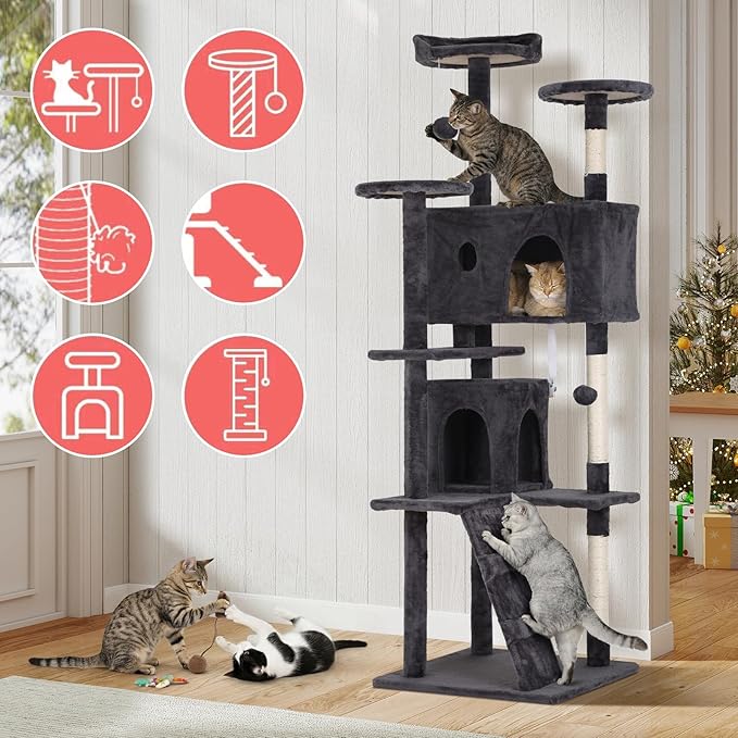 70in Cat Tree Cat Climbing Tower with Scratching Post, Cats House Perch Kitten Tree Condo Wood Playhouse, Pet Trees Tower for Indoor Cats, Dark Gray