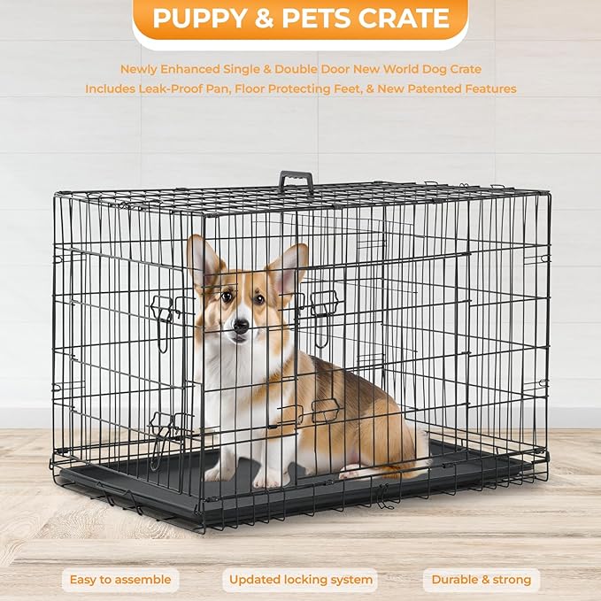 PayLessHere Large Dog Crate Kennel for Medium Large Dogs Metal Dog Cage Double-Door Folding Travel Indoor Outdoor Puppy Playpen with Divider and Handle Plastic Tray (36 Inch, Black)