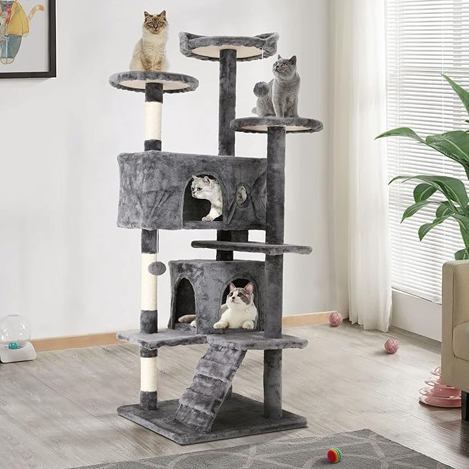 Heavy Duty Cat Tree Tower, 54" Tall, Multi-Level Cat Climbing Tower with Cat Scratching Post, Bed, Hanging Ball, Ashy
