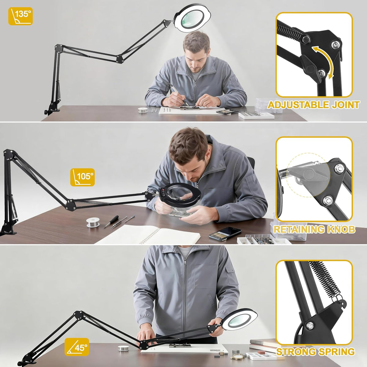15X Magnifying Glass with Light, Stand & Clamp, Ultra Long 3-Section Swing Arm LED Magnifying Lamp, Dimmable with 5 Color Modes, Hands Free Desk Lamp for Workbench, Repair, Close-Up Work