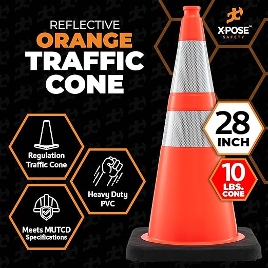 Xpose Safety 28 Inch Orange Traffic Cones - Heavy Duty 10lb 6" & 4" Collar - Bulk Half Pallet 150 Pack - Multipurpose PVC Plastic Safety Cone Parking, Soccer, Caution & Construction - DOT Approved