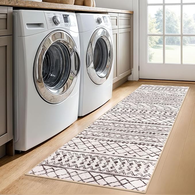 KUTA Moroccan Washable Hallway Runner Rug 2x6 Non-Slip Vintage Brown Cream Boho