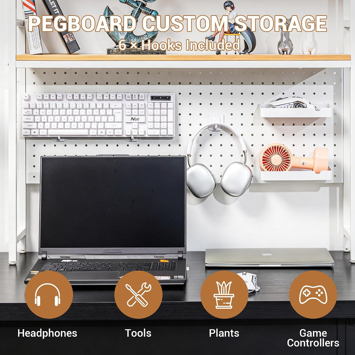 deli Desktop Shelf, Desk Hutch with Metal Pegboard, White