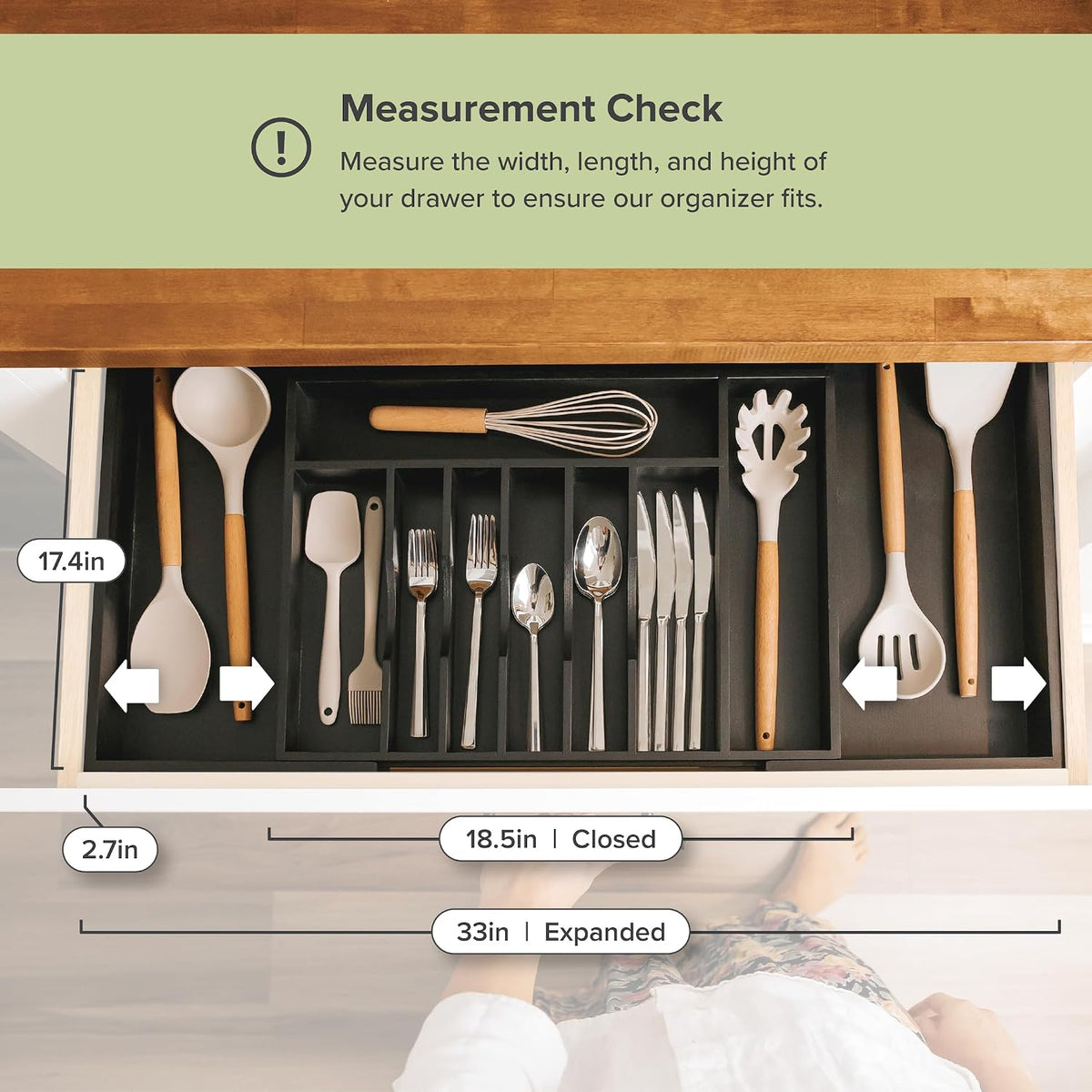 KitchenEdge Silverware & Utensil Drawer Organizer, 18-33 in, Black Bamboo