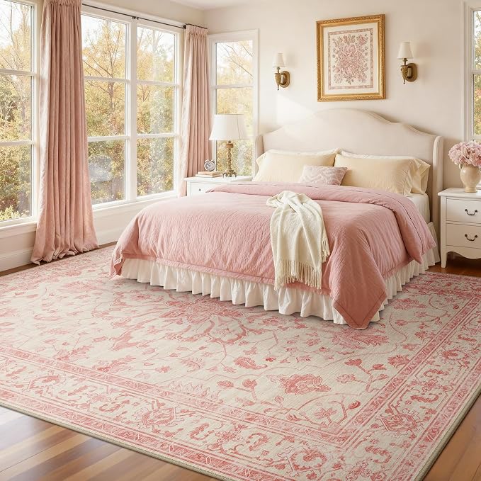 RELEANY Area Rugs Large 9'x12' Washable Non-Slip, Floral Vintage Distress