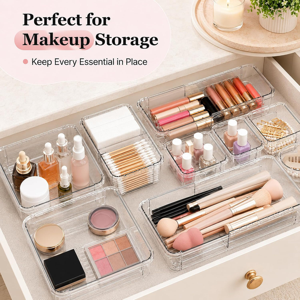 Adjustable Clear Drawer Storage Organizer, 16 Pack 3 Sizes Expandable Plastic Storage Boxes for Kitchen, Bathroom, Vanity, Office, Makeup, Desk and Closet Organization