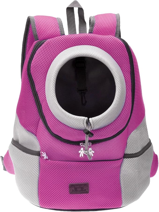 Mogoko Cat Dog Backpack Carrier, Puppy Pet Front Pack with Breathable Head Out Design and Double Mesh Padded Shoulder for Outdoor Travel Hiking (M, Pink)