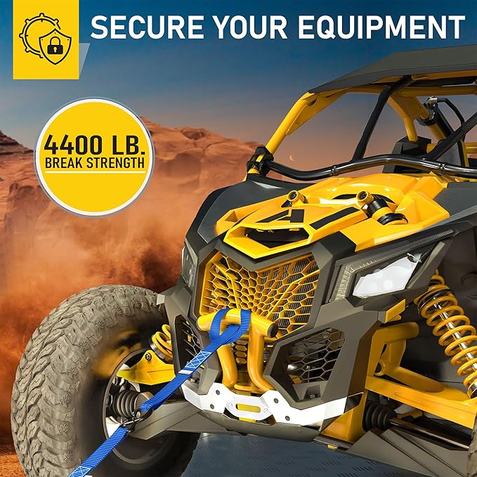 AUGO Heavy Duty Ratchet Straps & Soft Loops – Pack of 4 Extra Strong 1.5” by 15’ Ratchet Straps w/S-Hook Safety Latches & 4 Soft Loop Tie Downs – 4400Lb Break Strength for Motorcycles, ATVs, Etc.