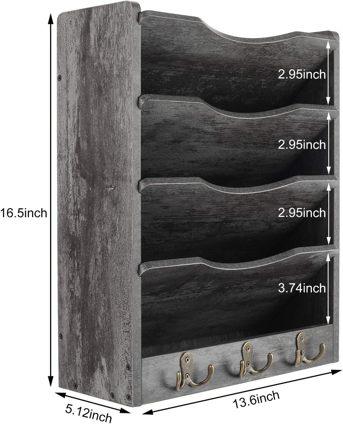 PAG-Mass 5-Tier Wall File Holder Hanging Mail Organizer Wood Magazine Literature Rack with 6 Hooks, Dark Gray