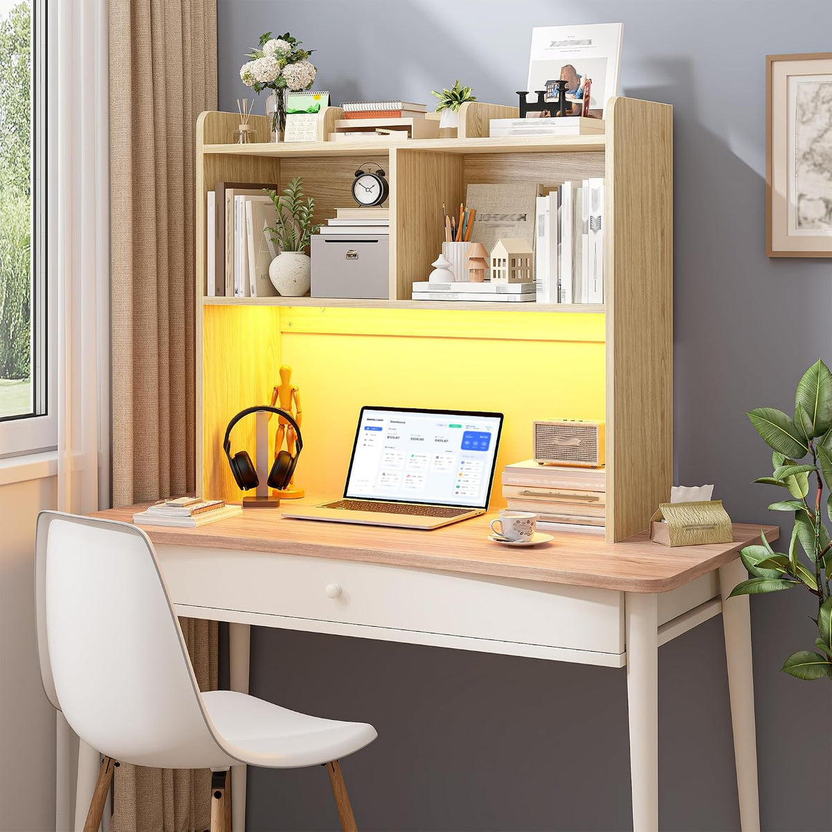 REIBII 3 Tier Desk Hutch, 6 Shelves to Storage, LED Desktop Shelf
