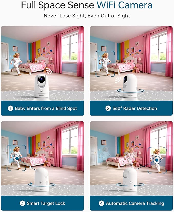 FOSCAM 4K Indoor Camera, Full Space Sense WiFi Camera with 360° Radar Auto-Tracking Baby Monitor & Pet Camera - No-Blind-Spot View, One Touch Call, Human/Motion/Sound Detection, Compatible with Alexa