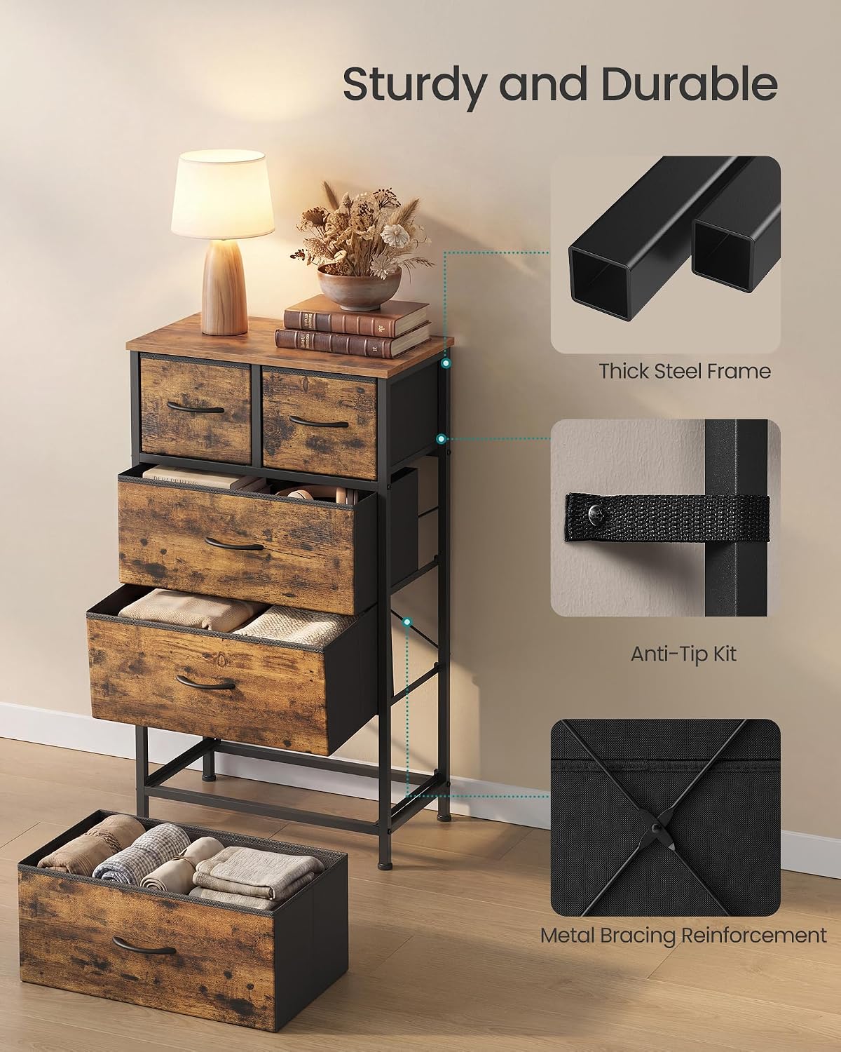 SONGMICS Tall Dresser for Bedroom, 5 Fabric Drawers with Steel Frame