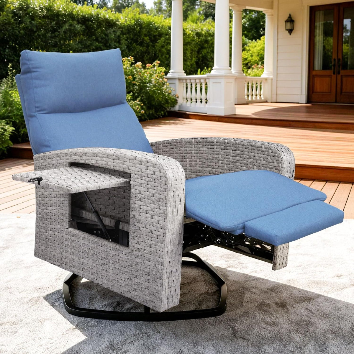 ZZW Outdoor Recliner Chair, Wicker Patio Recliners with Adjustable Backrest and Extended Foot Rest, Reclining Patio Chairs with Flip Table & Removable Cushion Cover for Porch