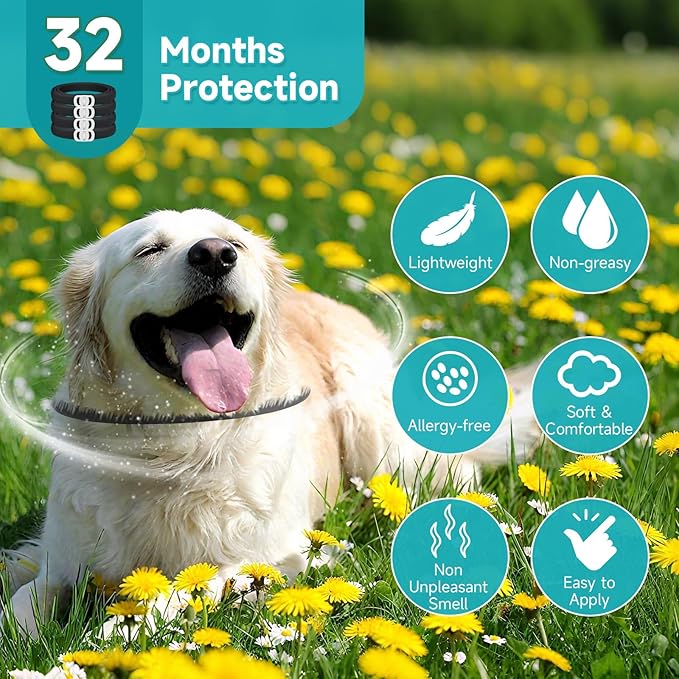 Flea and Tick Prevention for Dogs, 4 Pack Flea Collar for Dogs, Dog Flea and Tick Treatment, 32 Months Protection, Waterproof, Adjustable Collar for Dog, One Size Fits All for All Breeds, Black