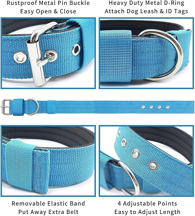 Heavy Duty Tactical Dog Collar - 1.5" Width Military Durable Thick Nylon with Adjustable Metal D Ring & Buckle Working Training K9 Collar for Medium Large Dogs (XL(23"-26"), Light Blue)