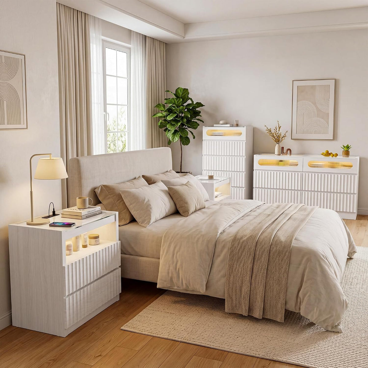 Modern Nightstand with Charging Station,Fluted 2 Drawers,White Oak Finish