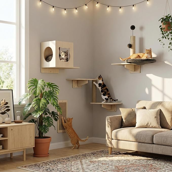 Cat Wall Shelves, Wooden Multi-Level Cat Climbing Furniture, House, Steps, Sisal Scratcher, Perches Bed & Ball, Space-Saving Wall Mounted Cats Shelves for Play & Rest