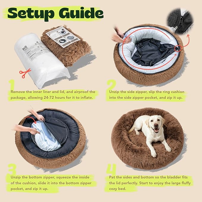 Waterproof Memory Foam Dog Beds for Large Dogs Machine Washable,Round Plush Anxiety Orthopedic Bolster Pet Bed with Removable Cover,Fluffy Donut Calming Sofa to Care Arthritis 42 Inch,Camel