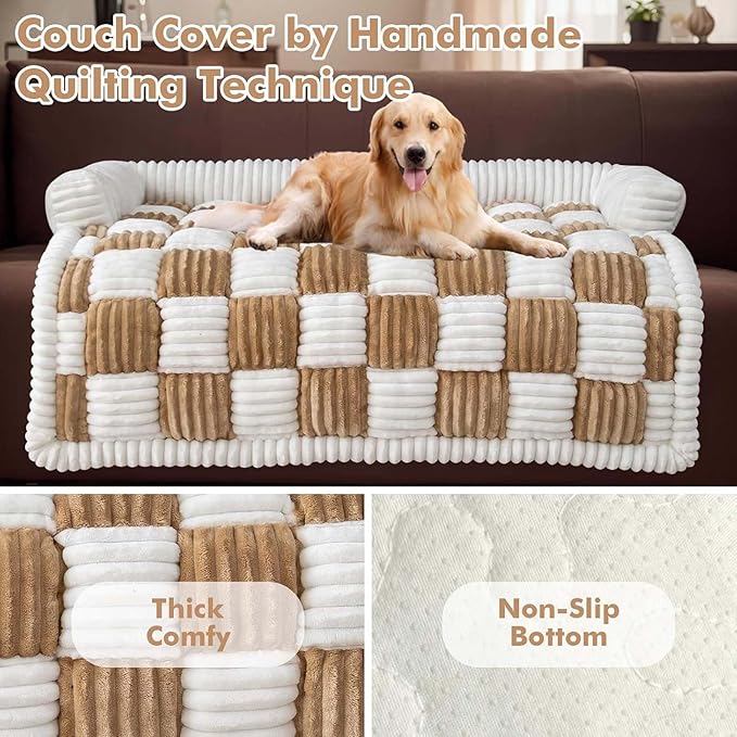 Dog Couch Cover Protector, Pet Couch Covers for Sofa, Dog Couch Cover Fuzzy Sofa Cover Cream Square Plaid Dog Bed Plush Dog Mat for Furniture Protector for Large Medium Dogs and Cats