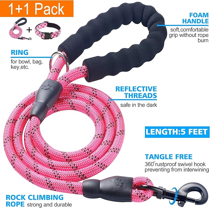 Reflective Dog Collar Padded with Soft Neoprene Breathable Adjustable Nylon Dog Collars for Small Medium Large Dogs (X-Small (Pack of 1), Pink Plaid Collar+Leash)