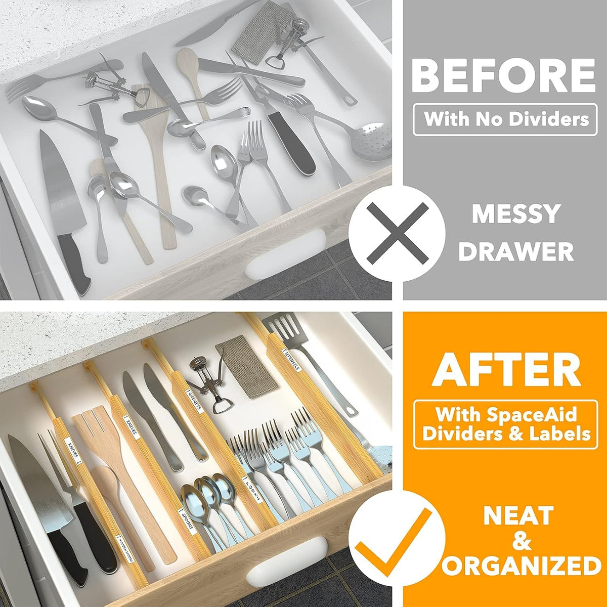 SpaceAid Bamboo Drawer Dividers (Need 2.35" Deep Drawer) Kitchen Adjustable Drawer Organizers, Expandable Organization for Home, Office, Dressers and Bathroom, 6 Dividers (13.25-17 in)