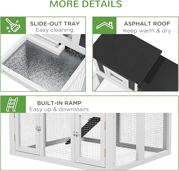 Outdoor Chicken Coops for 2-4 Chickens, All Weather Used Wooden Quail Cage Duck Coop Outdoor with Asphalt Roof, Ramp Openable Top Pull-Out Tray for Small Animals (White2)