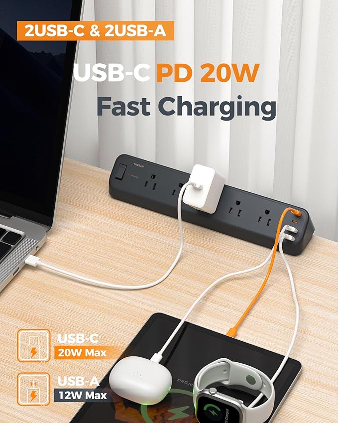 Desk Clamp Power Strip Black, TESSAN 6 Ft Flat Plug Extension Cord with Multiple Outlets, 5 Outlets with 4 USB (2 USB C), 2100J Surge Protector Power Strip, Office Home Dorm Gaming Room Essentials