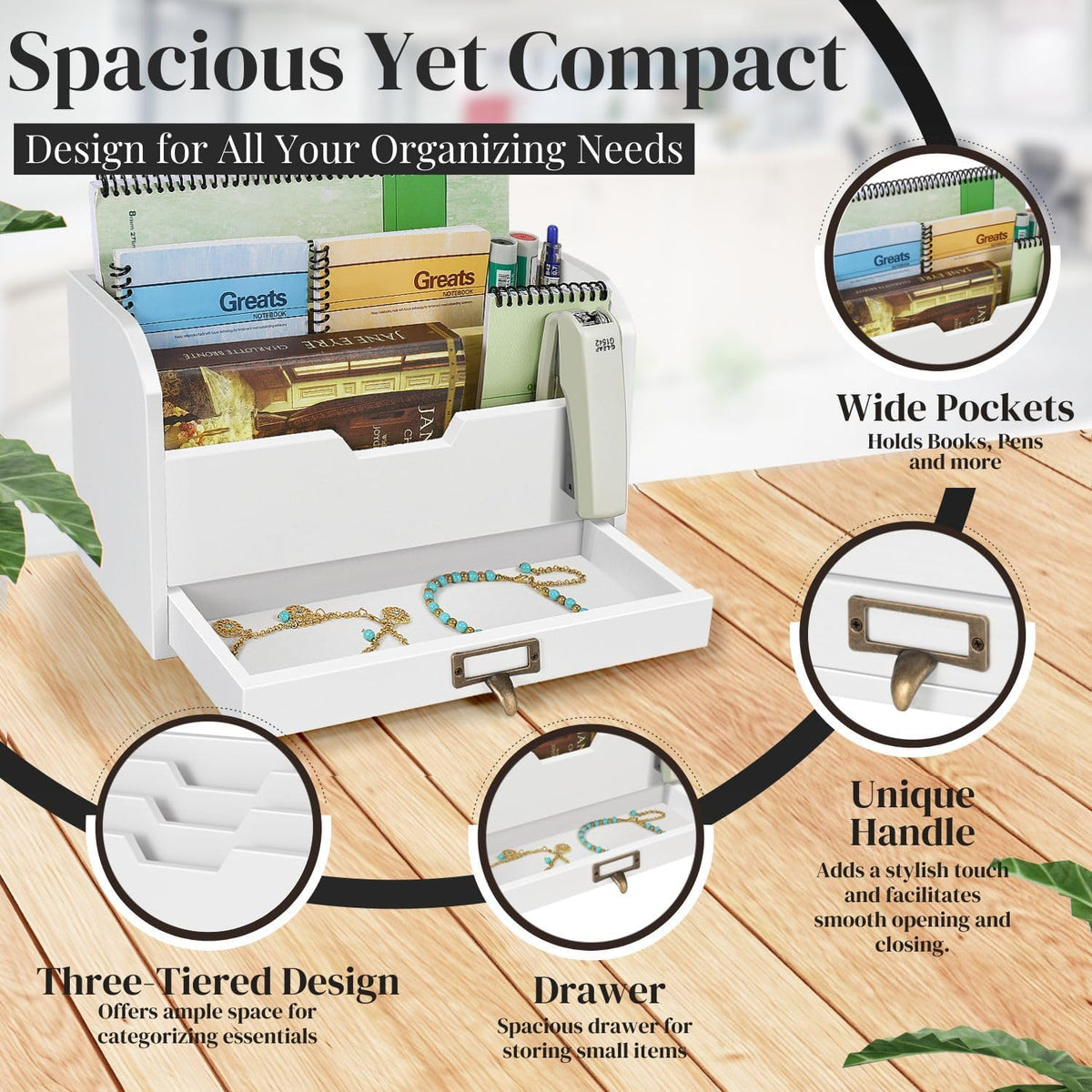 Flexzion Wood Desk Organizer, 3-Tier Mail Organizer with Drawer, Beige Wood