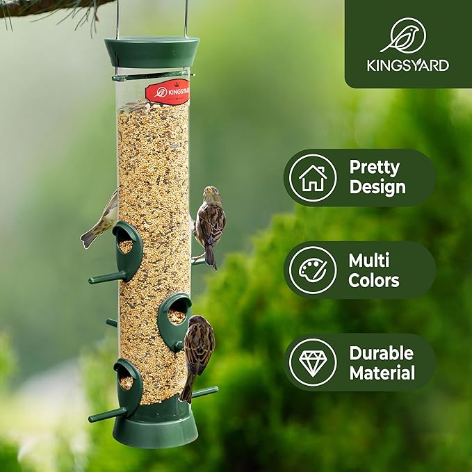Kingsyard 6 Ports Tube Bird Feeder for Outdoors Hanging, Removable Base and Perch, Easy to Clean & Refill, Premium Hard Plastic, Attracting for Finches Cardinals Bluebirds (Green)