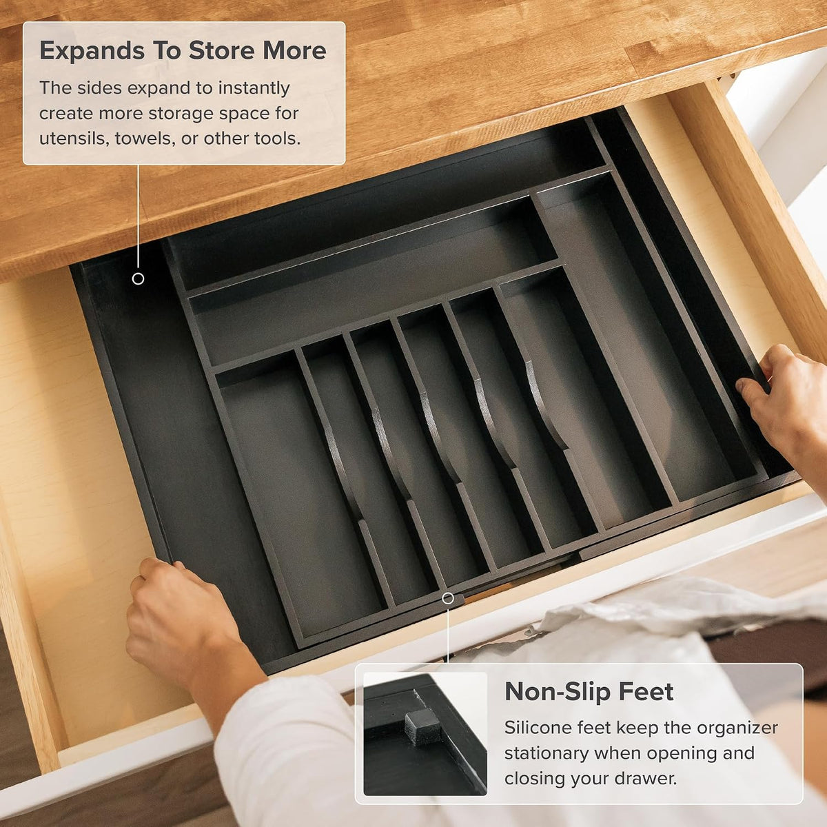 KitchenEdge Silverware & Utensil Drawer Organizer, 18-33 in, Black Bamboo