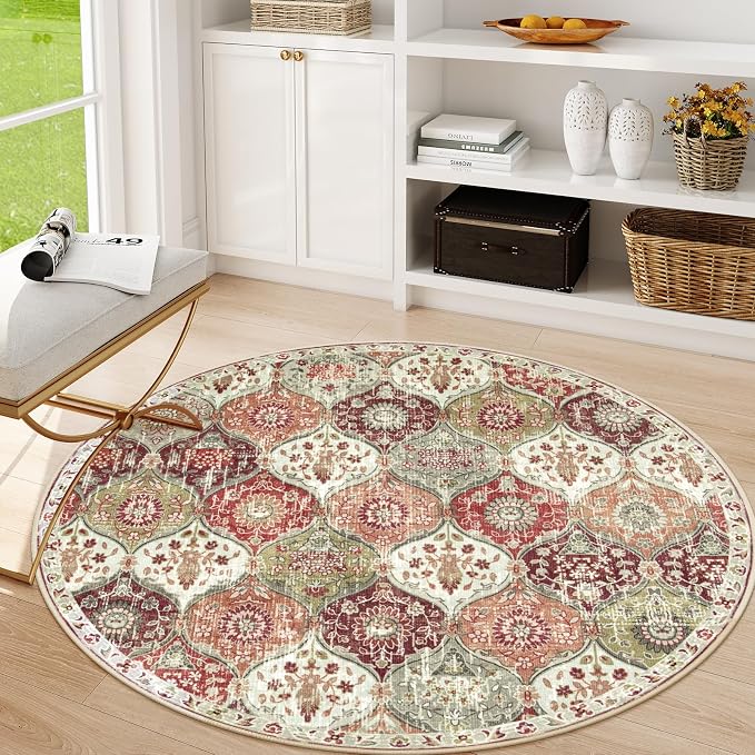 Lahome Moroccan Trellis Washable Round Rugs, Non-Slip Soft Round Rug 4ft