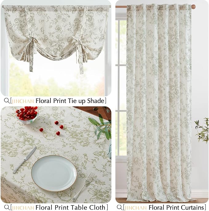 jinchan Green Floral Linen Blend Rectangle Table Cloth 52 x 70 Inch | Elegant