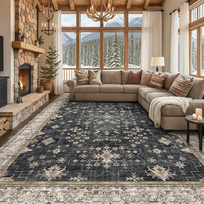 Black Boho Rug for Living Room 9x12