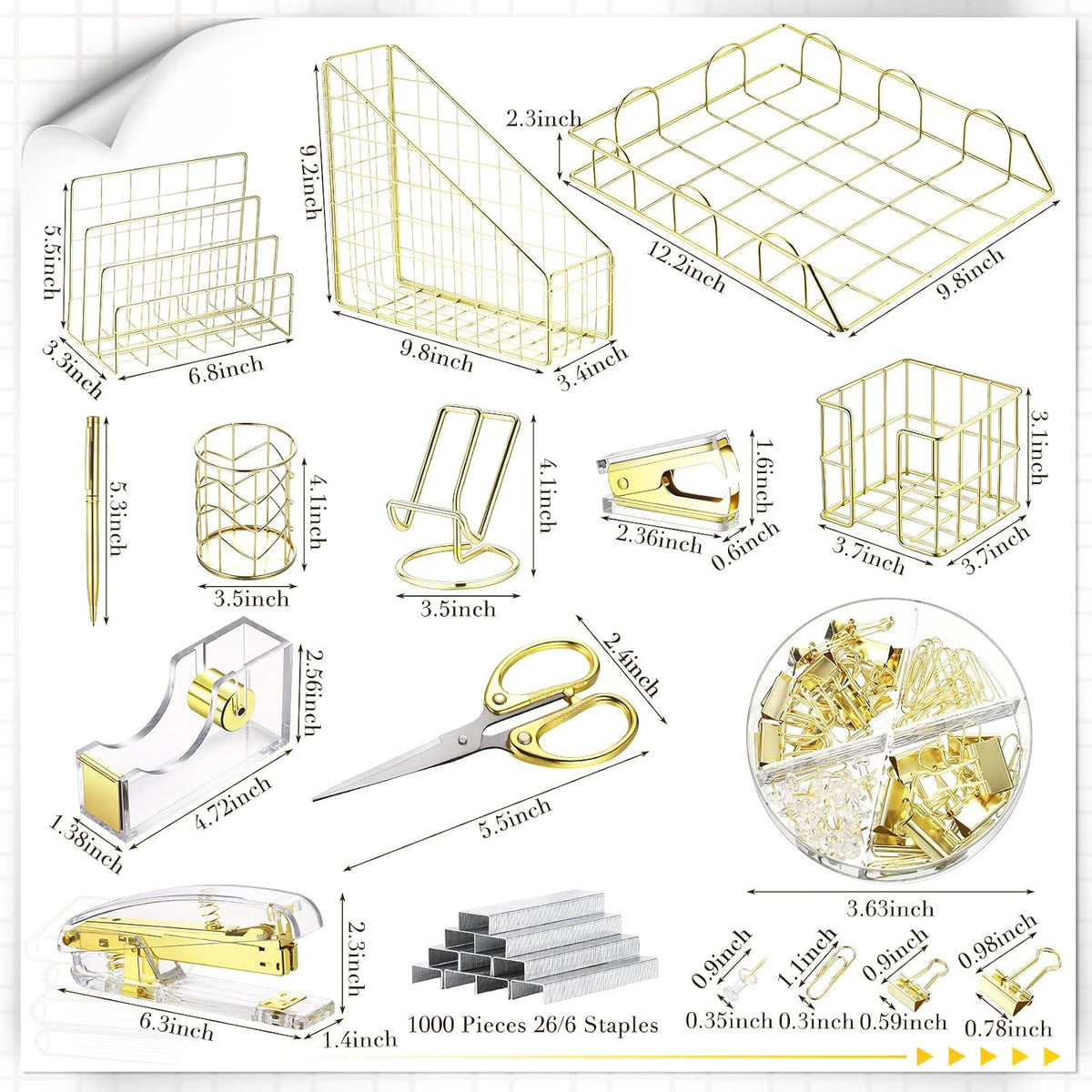 Yaomiao 13 Pcs Desk Accessories Set Organizer Office Supplies, Gold