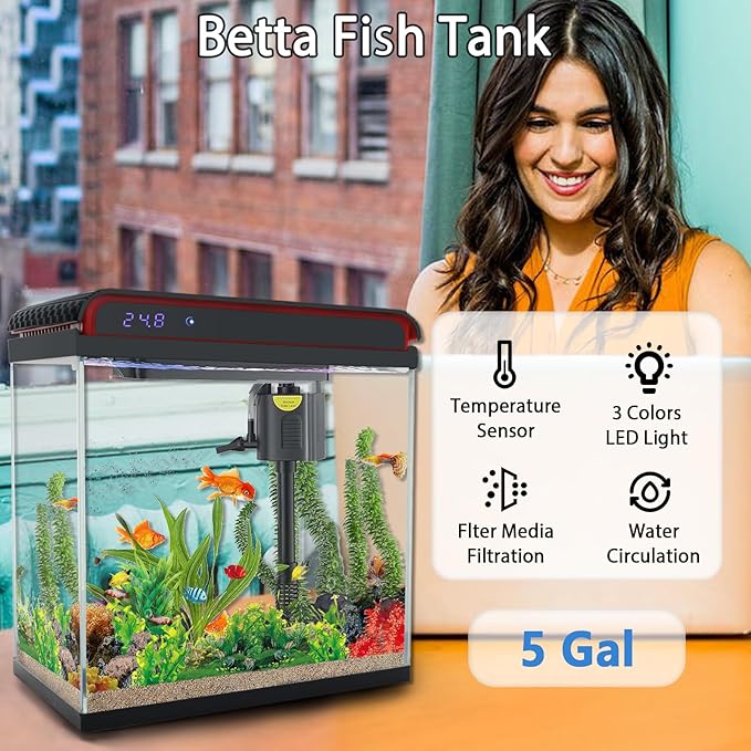 5 Gallon Fish Tank, Glass Aquarium Starter Kits, Self-Cleaning Water Pump & 3-Color Light with Water Temperature Detection for Betta Shrimp Guppy Jellyfish Goldfish Beta, Gift for Room Decor Kid