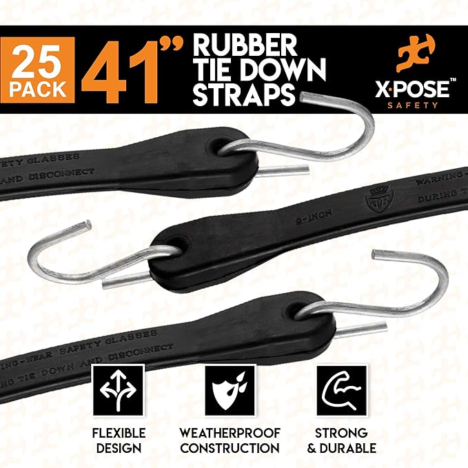 Rubber Bungee Cords with Hooks 25 Pack 41 Inch (62” Max Stretch) Heavy-Duty Black Tie Down Straps for Outdoor, Tarp Covers, Canvas Canopies, Motorcycle, and Cargo - by Xpose Safety