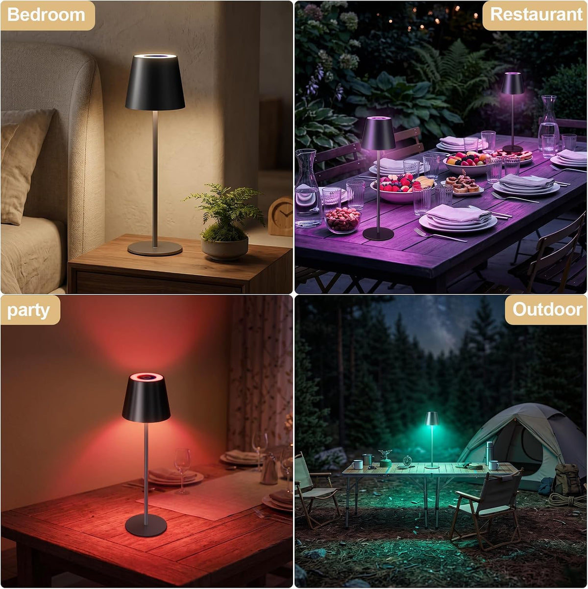4 Pack Cordless Table Lamp Rechargeable Black