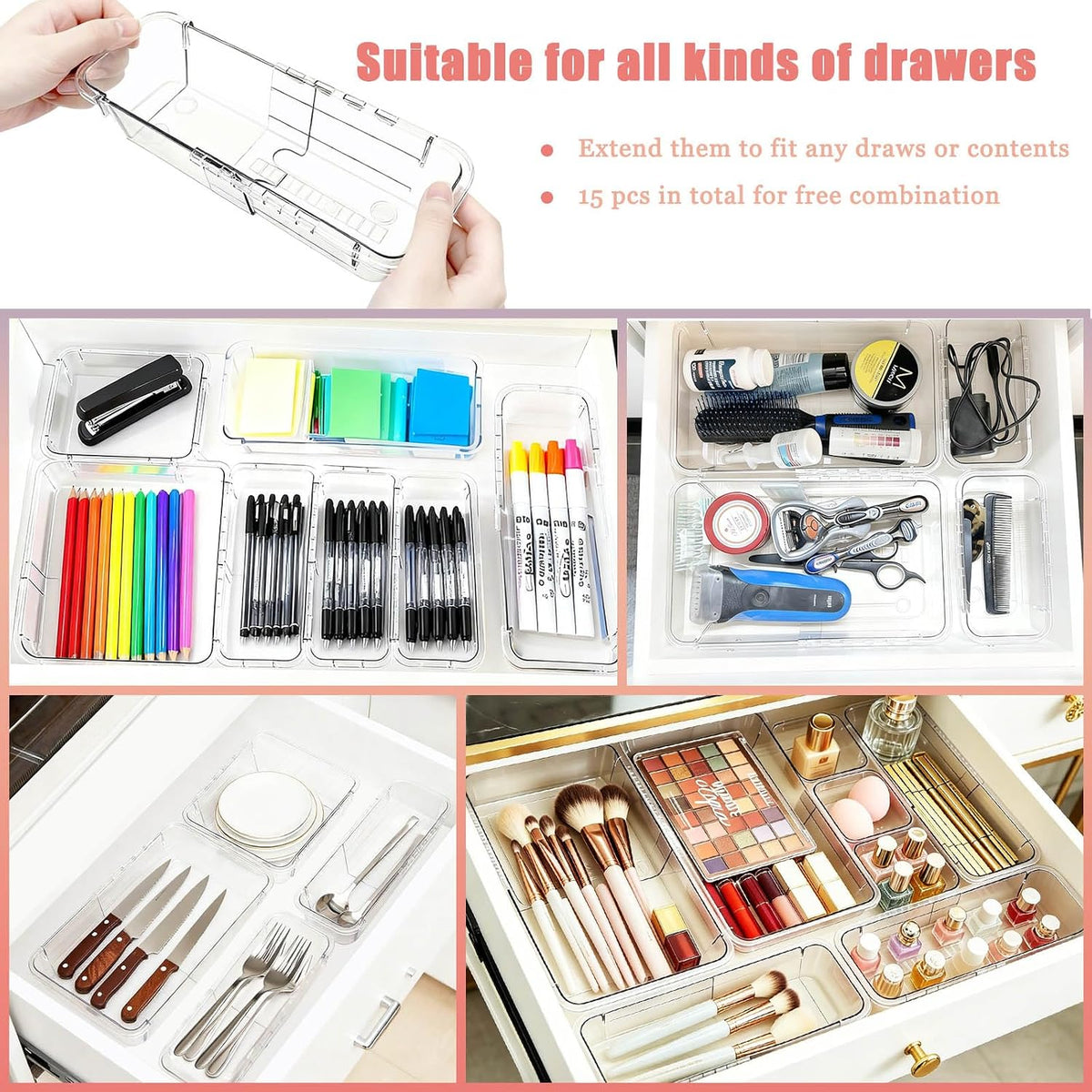 15 Pcs Clear Expandable Drawer Organizer Tray Adjustable Drawer Storage Bin