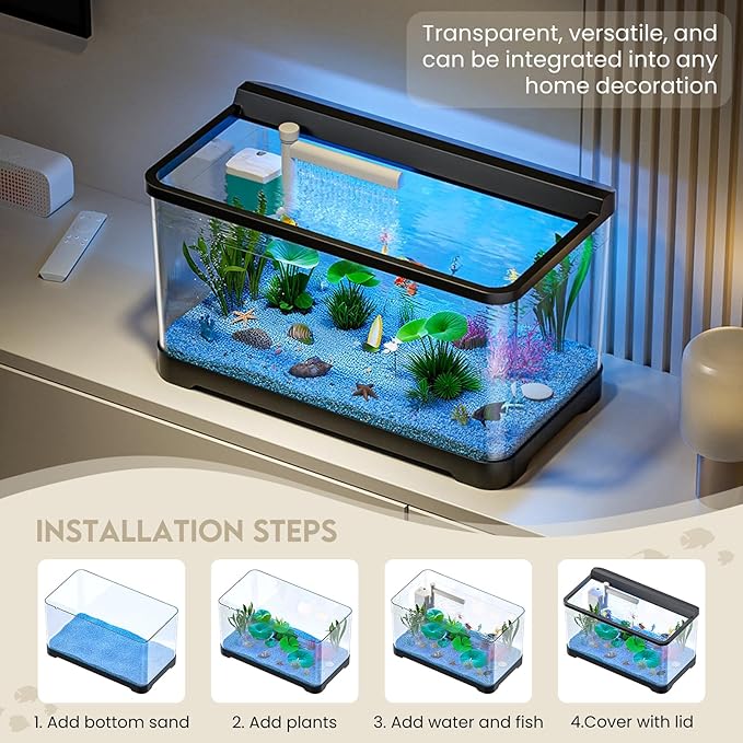LED Aquarium Fish Tank Kit,（Light + Filter + Green Plants + Blue Sand + Pineapple Houses + Shells） Black, 4.5 Gallon (Now)