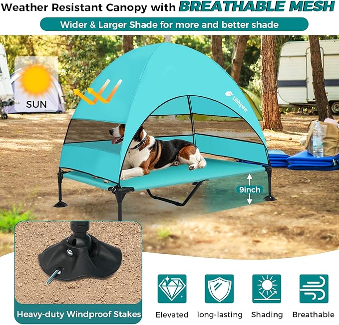 Windproof Elevated Dog Bed with Canopy & Stakes, 3-Sided 90% UV Block, Chew-Proof Teslin Mesh Mat for Large Dogs up to 150lbs(Blue X-Large)