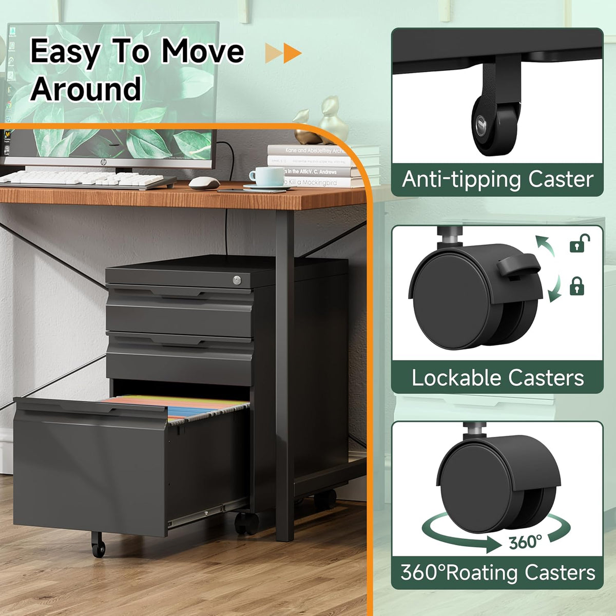 Mobile File Cabinet with Lock,3 Drawer Under Desk Metal Rolling Filing Cabinets for Home Office Organizer A4/Letter/Legal,Easy Assembly,Black