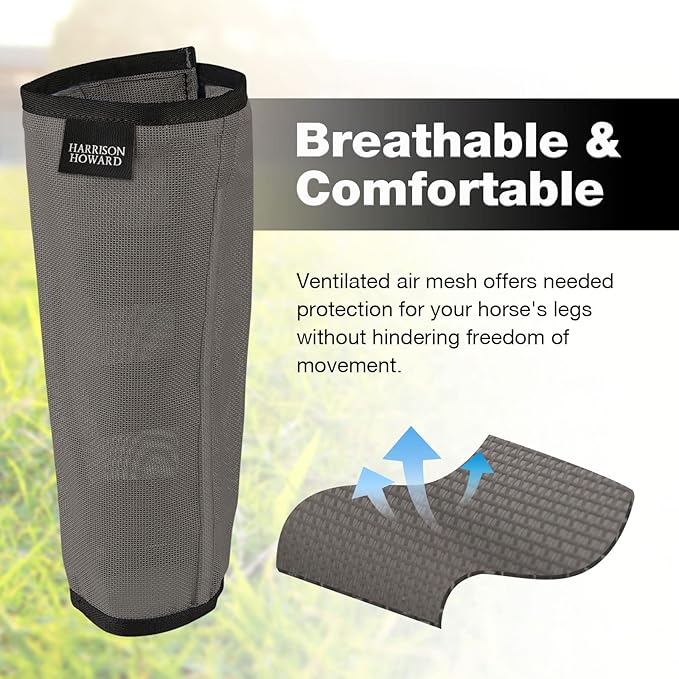 Harrison Howard Loose Fitting Fly Boots UV-Protective Extra Tough Mesh Ventilated Four Fasteners Stay-on Design Protect Horse Legs & Stomp-Reducing Set of 4 Dark Grey Medium