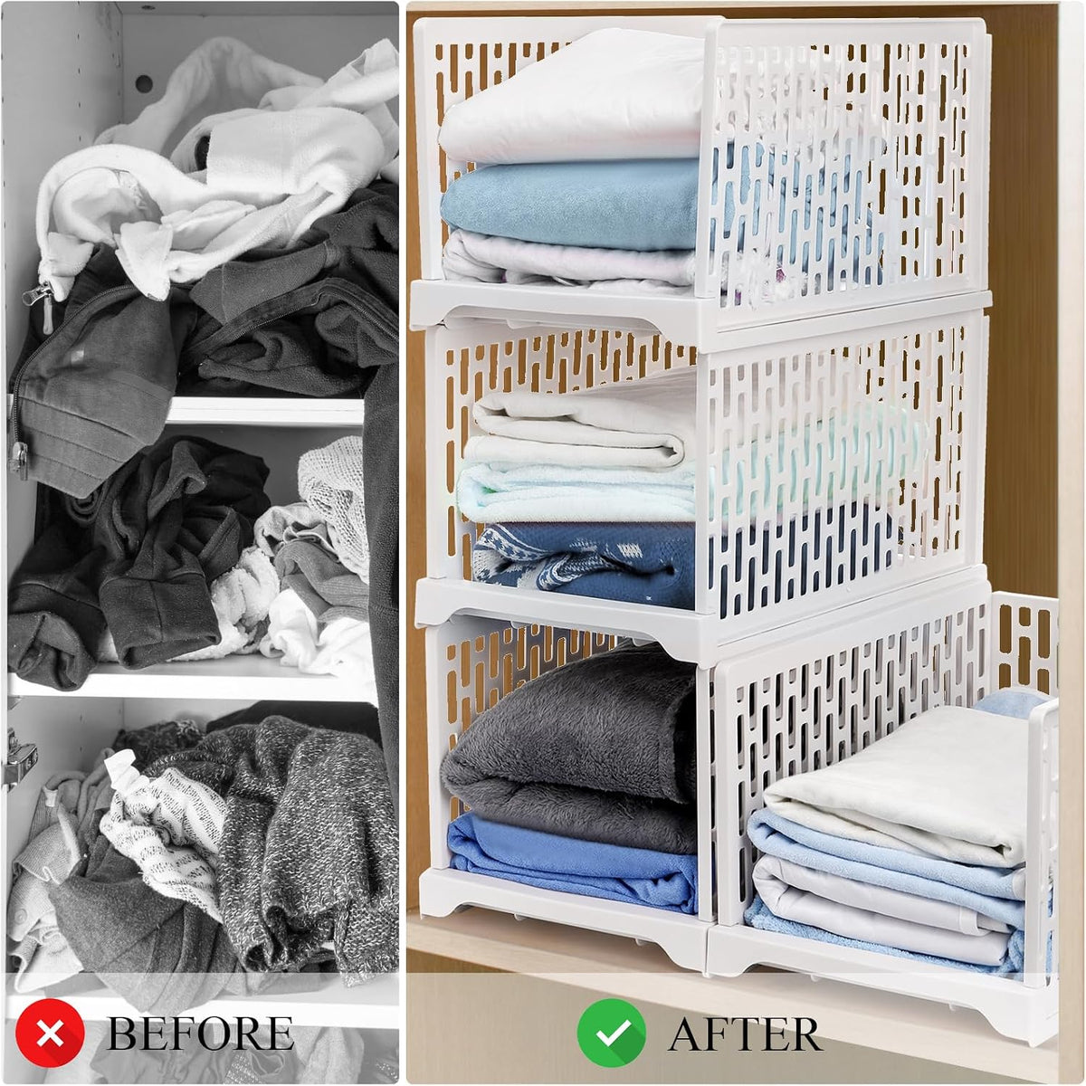 AVLA 4 Pack 38" Stackable Plastic Storage Basket, Plastic Foldable Closet Organizer Storage Bins, Wardrobe Storage Box Clothes Drawer Shelf Container for Cupboard Bedroom Dorm Bathroom Kitchen Office