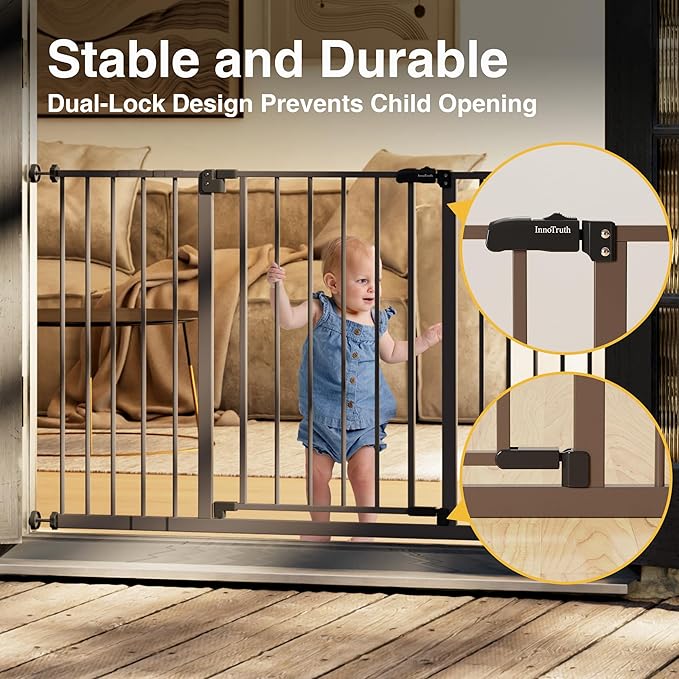 InnoTruth 28.9-49" Baby Gate for Doorways, 30" Tall Extra Wide Doggy Gates for Stairs One-Hand Opening, Easy Walk Thru Dual Lock Dog Gates for The House, Kitchen, Balcony, Easy Install Kid Gate,Brown