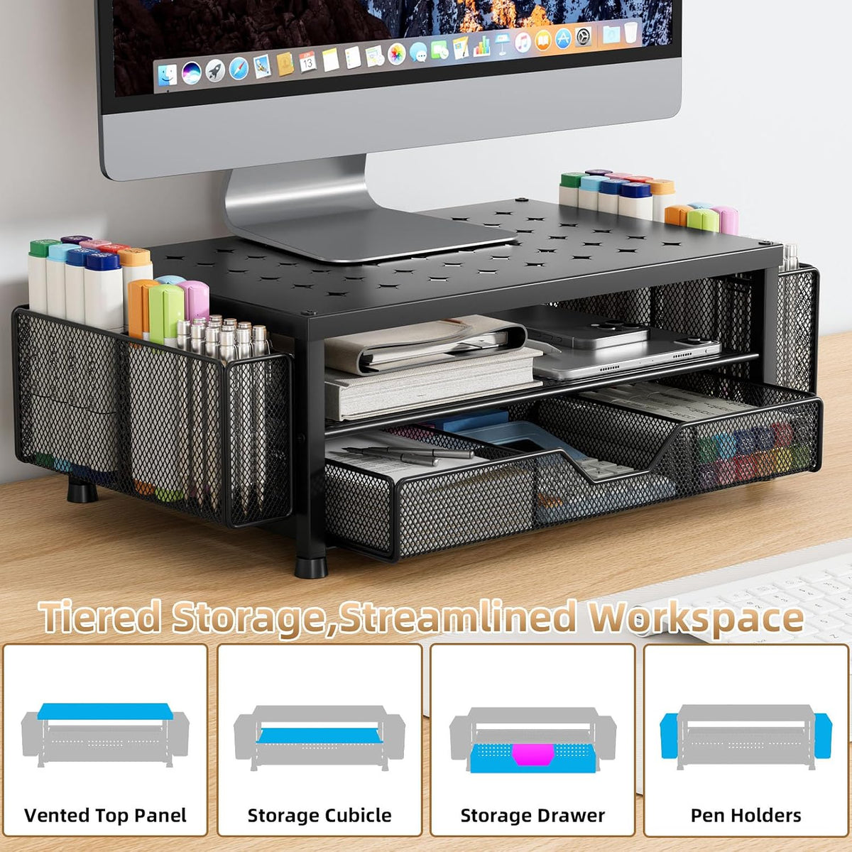 Monitor Stand Riser with Mesh Drawer and 2 Pen Holders, Black Star Vent Top