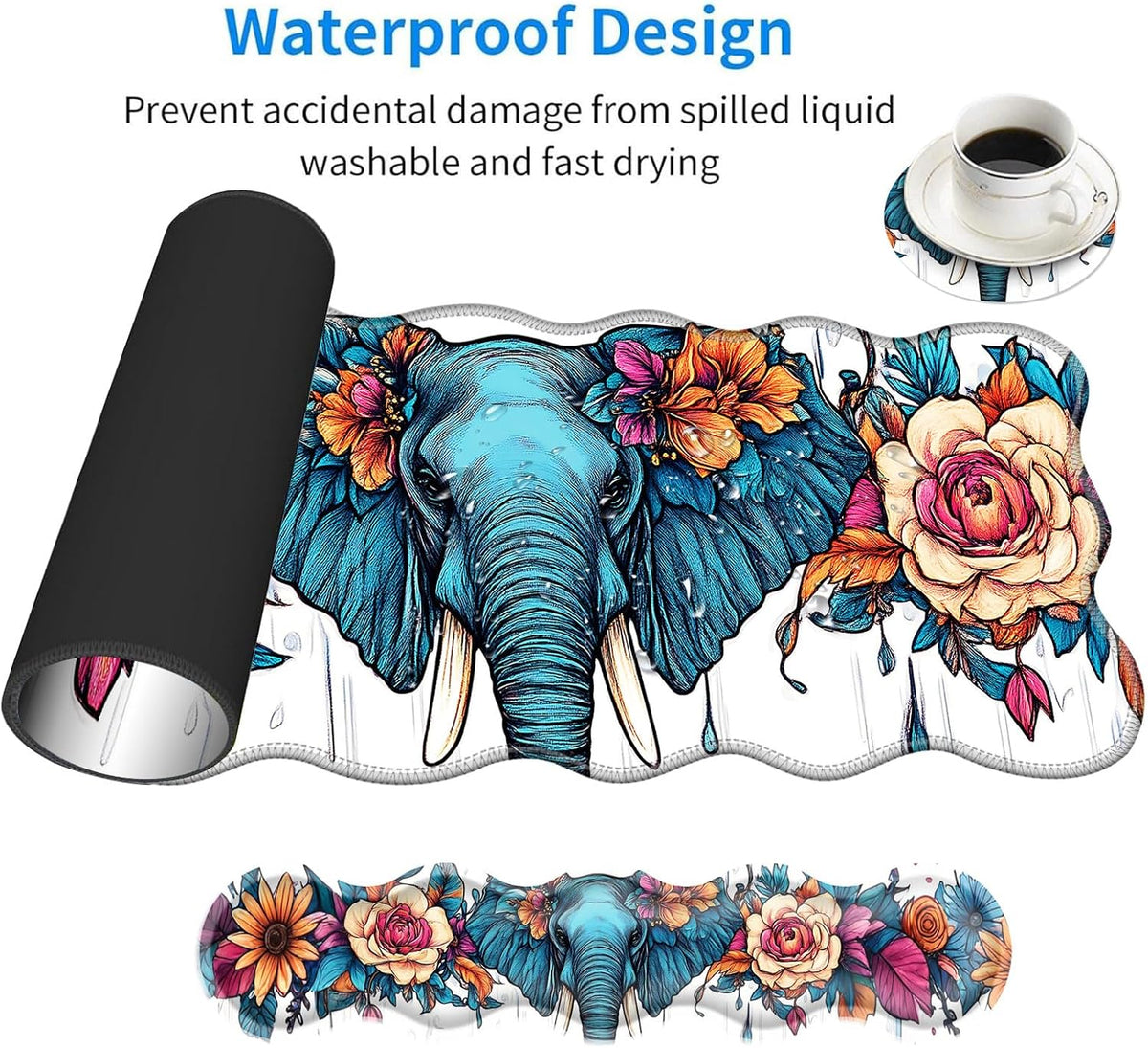 Large Mouse Pad and Keyboard Wrist Rest, Desk Pad for Keyboard and Mouse, 4-in-1 Large Gaming Mouse Pad with Wrist Support, Desk Mat for Home Office Study Game-Floral Elephant