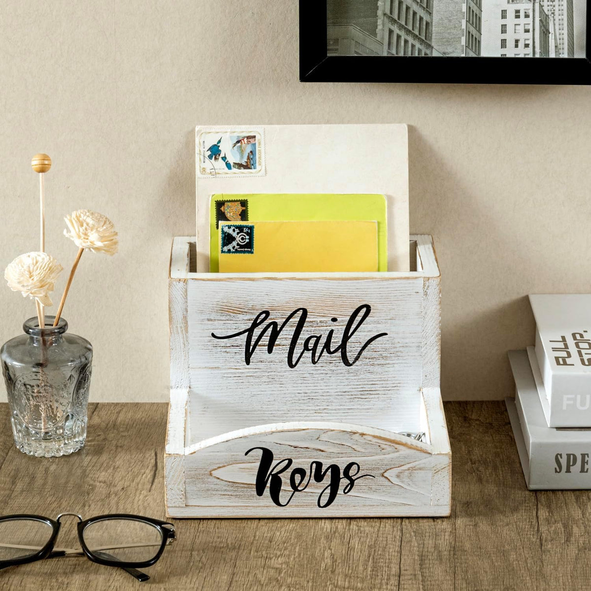 MyGift Whitewashed Wood Mail & Key Holder, Rustic Entryway Organizer